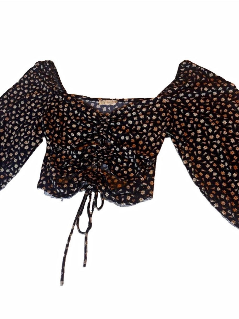 Endless Blu Women’s Black Floral Ruched Tie Front Cut Out Crop Top M